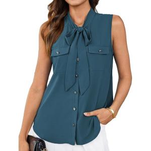 imageGRACE KARIN Womens Stand Collar Tie Neck Tank Tops Sleeveless Work Bow Top ShirtsGray Blue