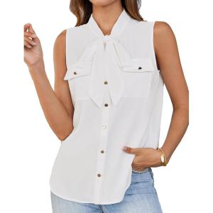 imageGRACE KARIN Womens Stand Collar Tie Neck Tank Tops Sleeveless Work Bow Top ShirtsWhite