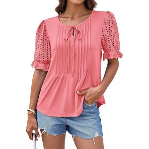 imageGRACE KARIN Womens Summer Top Casual Crewneck Short Puff Sleeve Crochet Lace Embroidered Blouses ShirtsLight Pink