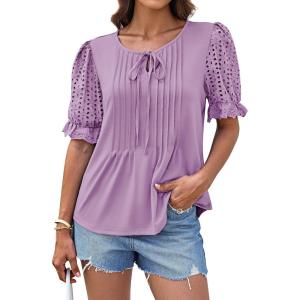 imageGRACE KARIN Womens Summer Top Casual Crewneck Short Puff Sleeve Crochet Lace Embroidered Blouses ShirtsLight Purple