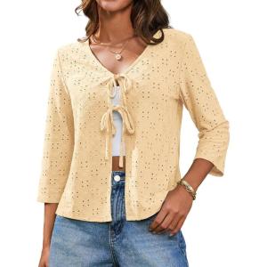 imageGRACE KARIN 34 Length Sleeve Womens Tops Tie Front Dressy Casual Shirts 2025 Summer Hollow Out Eyelet BlousesLight Yellow