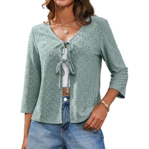imageGRACE KARIN 34 Length Sleeve Womens Tops Tie Front Dressy Casual Shirts 2025 Summer Hollow Out Eyelet BlousesSage