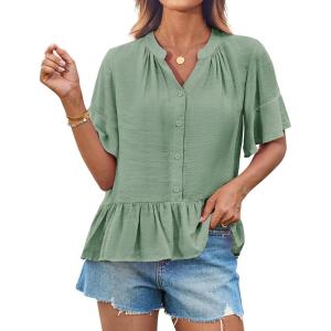 imageGRACE KARIN Womens 2025 Summer Tops Casual Ruffle Short Sleeve V Neck Button Down Loose Fit Babydoll Tops ShirtLight Green