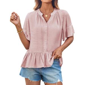 imageGRACE KARIN Womens 2025 Summer Tops Casual Ruffle Short Sleeve V Neck Button Down Loose Fit Babydoll Tops ShirtPink