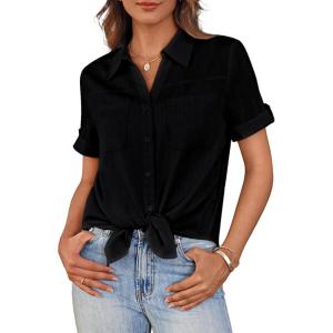 imageGRACE KARIN Womens Button Down Shirt Tie Front Collared V Neck Top Summer Dressy Casual Blouse Womens Clothing 2025Black