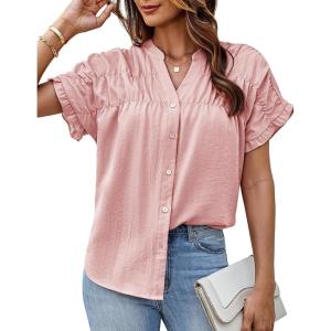 imageGRACE KARIN Womens Button Down Shirts 2025 Summer Pleated V Neck Short Ruffle Sleeve Work Office Blouse TopLight Pink