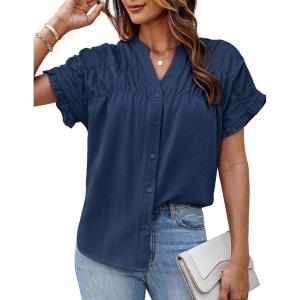 imageGRACE KARIN Womens Button Down Shirts 2025 Summer Pleated V Neck Short Ruffle Sleeve Work Office Blouse TopNavy Blue