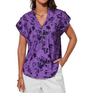 imageGRACE KARIN Womens Casual Short Sleeve Tops V Neck Floral Shirts Blouses Dressy Summer Clothes Outfits for 2025Purple