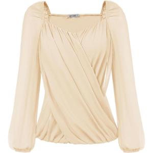 imageGRACE KARIN Womens Lantern Long Sleeve Tops 2024 Casual Loose Chiffon Shirts Criss Cross Ruffle Pleated BlousesApricot