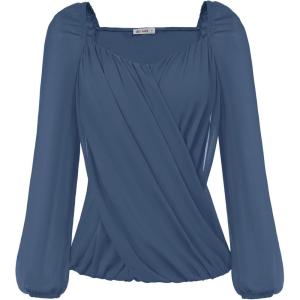 imageGRACE KARIN Womens Lantern Long Sleeve Tops 2024 Casual Loose Chiffon Shirts Criss Cross Ruffle Pleated BlousesBlue Grey