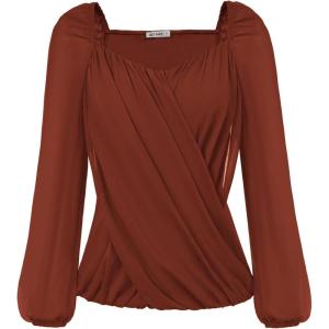 imageGRACE KARIN Womens Lantern Long Sleeve Tops 2024 Casual Loose Chiffon Shirts Criss Cross Ruffle Pleated BlousesCaramel
