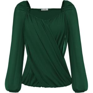 imageGRACE KARIN Womens Lantern Long Sleeve Tops 2024 Casual Loose Chiffon Shirts Criss Cross Ruffle Pleated BlousesDark Green