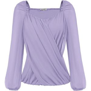 imageGRACE KARIN Womens Lantern Long Sleeve Tops 2024 Casual Loose Chiffon Shirts Criss Cross Ruffle Pleated BlousesLilac Purple