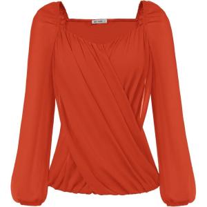 imageGRACE KARIN Womens Lantern Long Sleeve Tops 2024 Casual Loose Chiffon Shirts Criss Cross Ruffle Pleated BlousesOrange