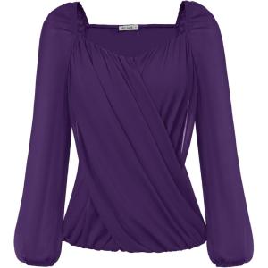 imageGRACE KARIN Womens Lantern Long Sleeve Tops 2024 Casual Loose Chiffon Shirts Criss Cross Ruffle Pleated BlousesPurple