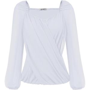 imageGRACE KARIN Womens Lantern Long Sleeve Tops 2024 Casual Loose Chiffon Shirts Criss Cross Ruffle Pleated BlousesRaw White