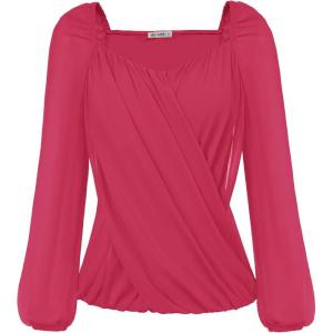 imageGRACE KARIN Womens Lantern Long Sleeve Tops 2024 Casual Loose Chiffon Shirts Criss Cross Ruffle Pleated BlousesRose Red