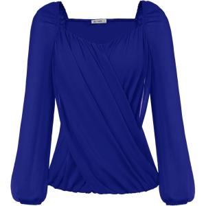 imageGRACE KARIN Womens Lantern Long Sleeve Tops 2024 Casual Loose Chiffon Shirts Criss Cross Ruffle Pleated BlousesRoyal Blue