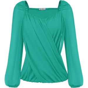 imageGRACE KARIN Womens Lantern Long Sleeve Tops 2024 Casual Loose Chiffon Shirts Criss Cross Ruffle Pleated BlousesSea Green