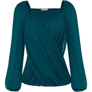 imageGRACE KARIN Womens Lantern Long Sleeve Tops 2024 Casual Loose Chiffon Shirts Criss Cross Ruffle Pleated BlousesTeal