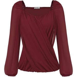 imageGRACE KARIN Womens Lantern Long Sleeve Tops 2024 Casual Loose Chiffon Shirts Criss Cross Ruffle Pleated BlousesWine Red