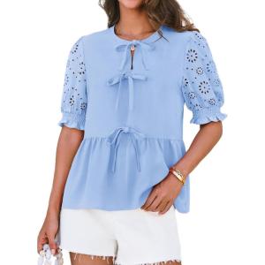 imageGRACE KARIN Womens Tie Front Peplum Tops Short Puff Sleeve Cute Babydoll Blouses Shirts Y2K Going Out TopsBlue
