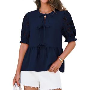 imageGRACE KARIN Womens Tie Front Peplum Tops Short Puff Sleeve Cute Babydoll Blouses Shirts Y2K Going Out TopsNavy Blue