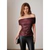 imageGRACE KARIN Womens Off Shoulder Sequin Tops Sexy Sparkly Shirts Slim Ruched Glitter Shimmer Blouse PartyWine Red