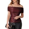 imageGRACE KARIN Womens Off Shoulder Sequin Tops Sexy Sparkly Shirts Slim Ruched Glitter Shimmer Blouse PartyWine Red