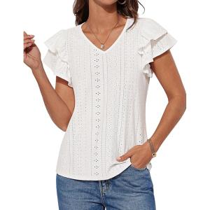imageGRACE KARIN Womens 2025 T Shirts Casual Ruffle Short Sleeve Tops Cute Eyelet Summer Spring ShirtsWhite
