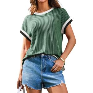 imageGRACE KARIN Womens Cap SleeveTops Trendy Summer Casual Blouses Color Block Basic Textured T ShirtsGreen