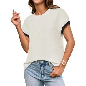 imageGRACE KARIN Womens Cap SleeveTops Trendy Summer Casual Blouses Color Block Basic Textured T ShirtsWhite