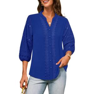 imageGRACE KARIN Womens Dressy Casual Tops 34 Sleeve Business Work Blouses Hollow Out Eyelet Embroidery Button Down ShirtsRoyal Blue