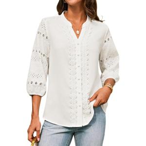imageGRACE KARIN Womens Dressy Casual Tops 34 Sleeve Business Work Blouses Hollow Out Eyelet Embroidery Button Down ShirtsWhite