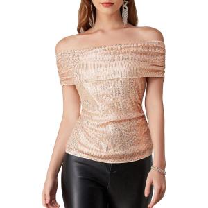 imageGRACE KARIN Womens Off Shoulder Sequin Tops Sexy Sparkly Shirts Slim Ruched Glitter Shimmer Blouse PartyRose Gold