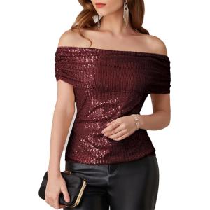 imageGRACE KARIN Womens Off Shoulder Sequin Tops Sexy Sparkly Shirts Slim Ruched Glitter Shimmer Blouse PartyWine Red