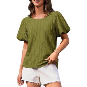 imageGRACE KARIN Womens Puff Sleeve Tops Summer Spring Crewneck Work Shirts Casual Blouse Fashion Outfits Basic Clothes 2025Green