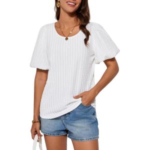 imageGRACE KARIN Womens Puff Sleeve Tops Summer Spring Crewneck Work Shirts Casual Blouse Fashion Outfits Basic Clothes 2025White