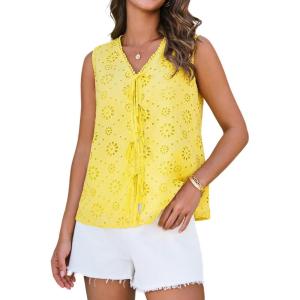 imageGRACE KARIN Womens Summer Tops Dressy Casual Sleeveless V Neck Bow Tie Hollow Out Lace Eyelet Tank Top Blouses ShirtsLight Yellow