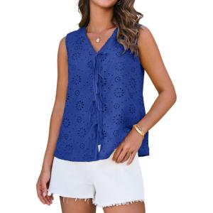 imageGRACE KARIN Womens Summer Tops Dressy Casual Sleeveless V Neck Bow Tie Hollow Out Lace Eyelet Tank Top Blouses ShirtsRoyal Blue