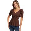 imageGRACE KARIN 2025 Womens Tops Elegant Peplum Top Wrap V Neck Puff Short Sleeve Summer Tops BlouseDark Brown