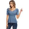 imageGRACE KARIN 2025 Womens Tops Elegant Peplum Top Wrap V Neck Puff Short Sleeve Summer Tops BlouseGrey Blue