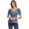 imageGRACE KARIN 2025 Womens Tops Elegant Peplum Top Wrap V Neck Puff Short Sleeve Summer Tops BlouseGrey Blue