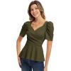 imageGRACE KARIN 2025 Womens Tops Elegant Peplum Top Wrap V Neck Puff Short Sleeve Summer Tops BlouseOlive Green