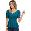 imageGRACE KARIN 2025 Womens Tops Elegant Peplum Top Wrap V Neck Puff Short Sleeve Summer Tops BlouseTeal Blue