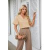 imageGRACE KARIN Womens Satin Silk Shirts Short Sleeve Casual Work Blouse Lapel V Neck Pullover TopsKhaki