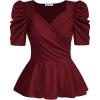 imageGRACE KARIN 2025 Womens Tops Elegant Peplum Top Wrap V Neck Puff Short Sleeve Summer Tops BlouseWine Red