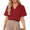 imageGRACE KARIN Womens Satin Silk Shirts Short Sleeve Casual Work Blouse Lapel V Neck Pullover TopsRed