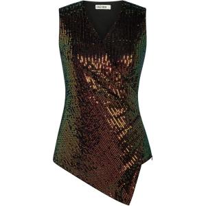 imageGRACE KARIN Womens 2024 Sequin Sparkly Tops Sleeveless V Neck Ruched Asymmetrical Sparkle Glitter Party Shirts TopsDazzling Black
