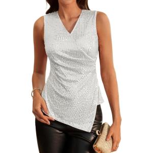 imageGRACE KARIN Womens 2024 Sequin Sparkly Tops Sleeveless V Neck Ruched Asymmetrical Sparkle Glitter Party Shirts TopsSilver White